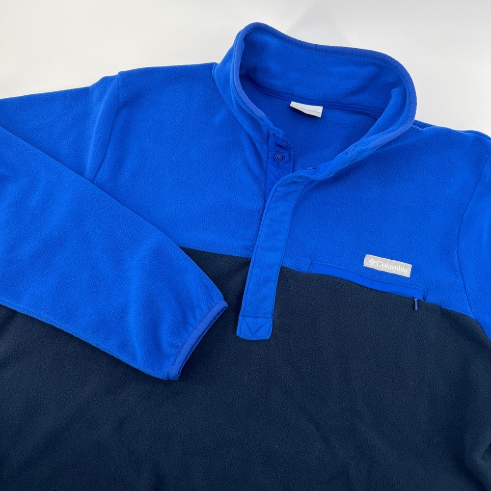 Columbia Mens Fleece Snap Pullover Blue Navy Colorblock Mock Neck Large